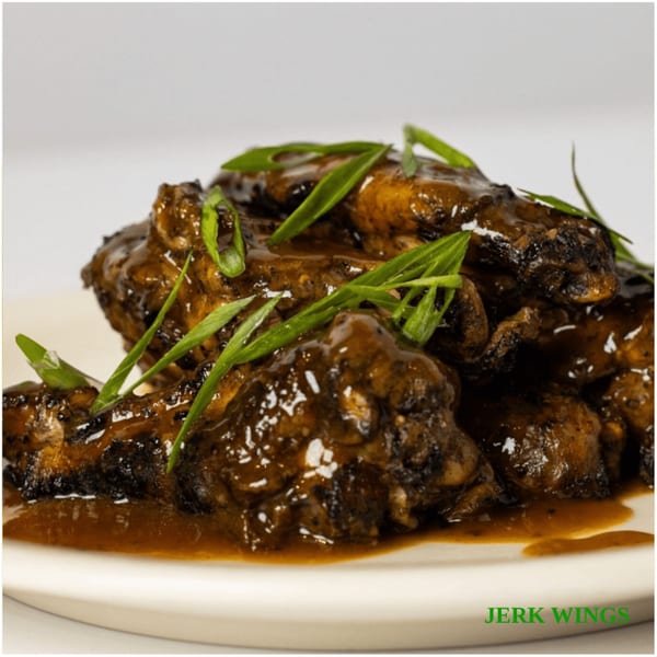 A plate of Jamaican Jerk Wings, glistening with sauce and garnished with fresh green onions.